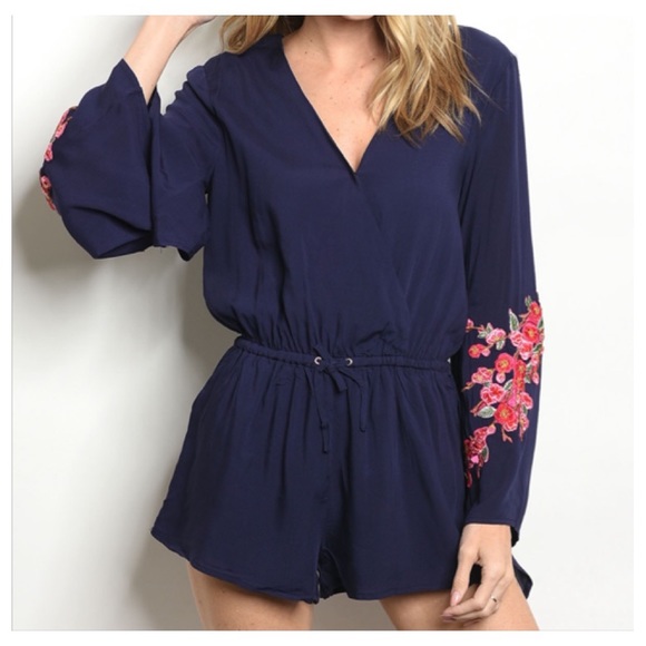 The Ivory Elephant Pants - Navy  floral embroidered romper